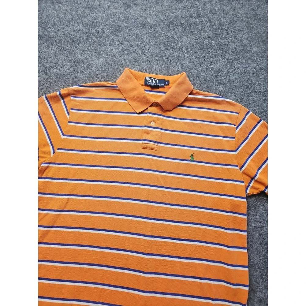 Polo Ralph Lauren Polo Shirt Mens Large Orange Striped Short Sleeve Green  Pony